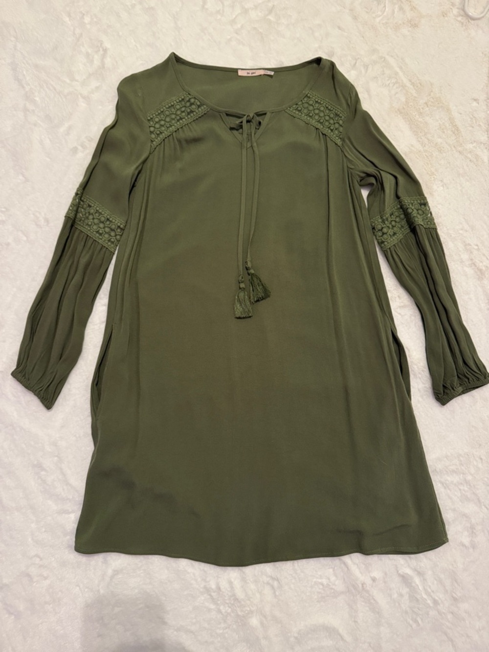 Olive Green Tassel Tie Long-Sleeve Dress